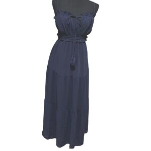 Navy Blue Tiered Boho Maxi Dress Smocked Waist Open Back Cowgirl Festival sz L